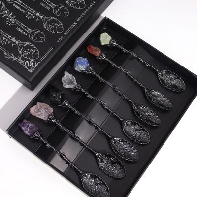 Set of 7 Dark Silver Effect Gemstone Crystal Witch Spoons