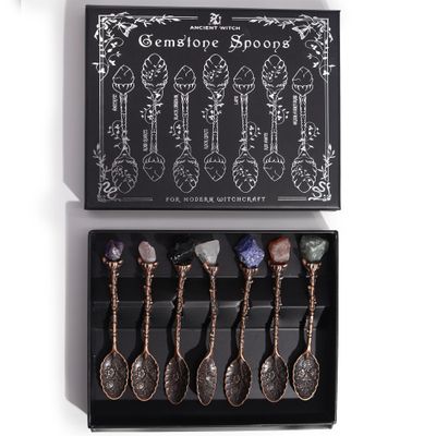 Set of 7 Bronze Effect Gemstone Crystal Witch Spoons