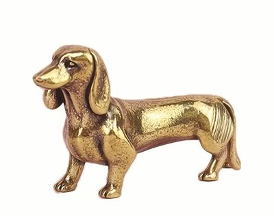 Brass Dachshund Dog Figurine 4x2cm and velvet pouch