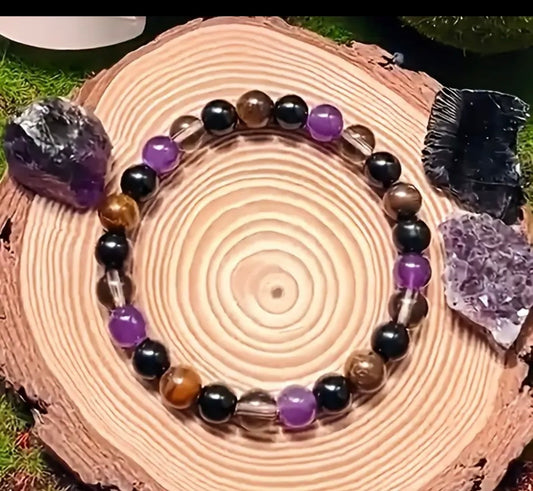 Smoky Quartz, Amethyst, Tiger Eye and Obsidian Grounding & Protection Bracelet