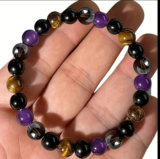Tiger’s Eye, Amethyst, Obsidian  & Hematite Protection Bracelet  8mm beads