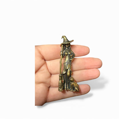 Brass Witch & Cat Figurine – A Charm for Protection & Wisdom  6cm x 2cm
