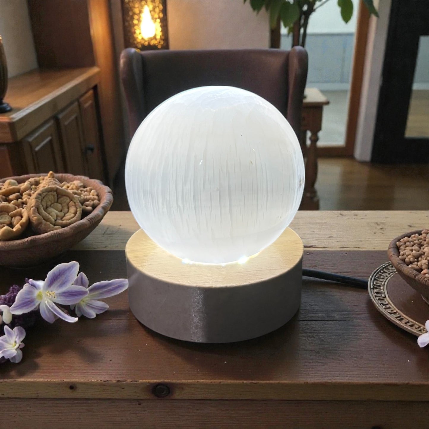Selenite 100mm sphere on lamp base.